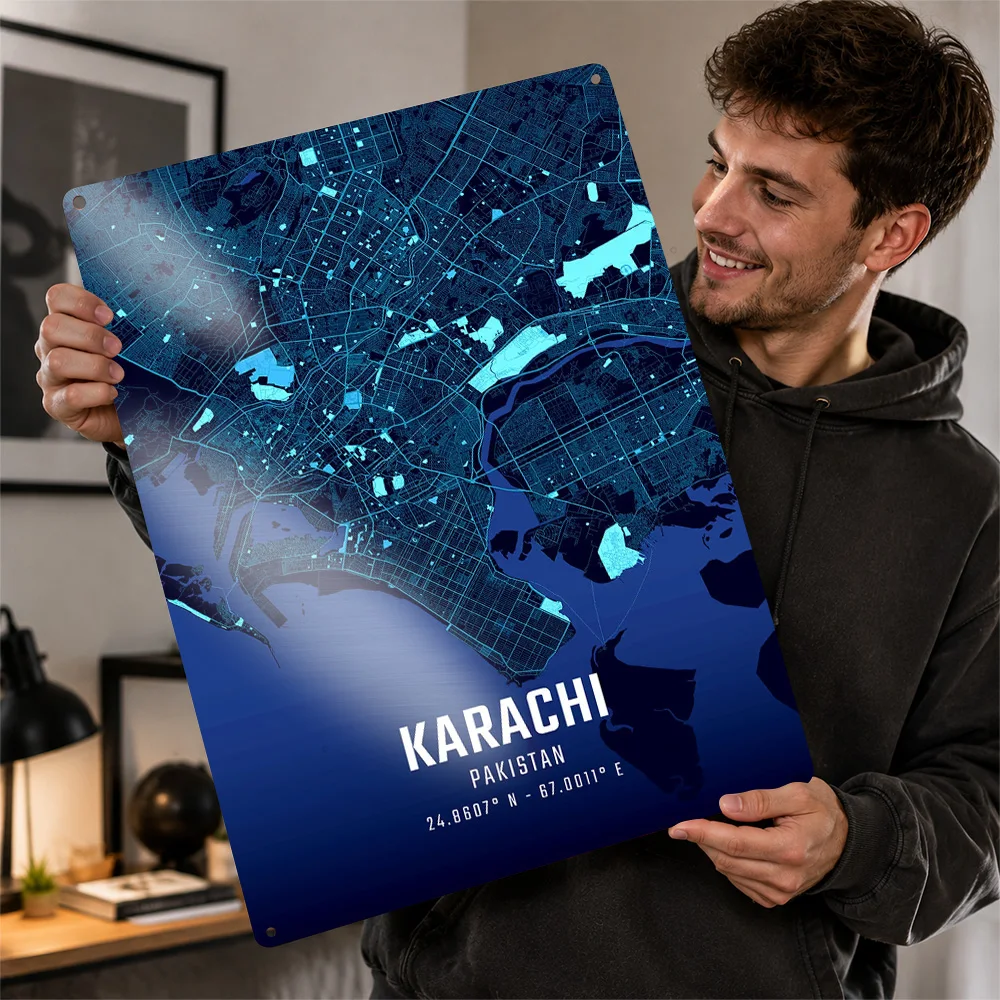 Karachi Midnight City Map Aluminum Poster Personalized Metal Sign Minimalist Linework Style Wall Art Appeals To Geography Fans