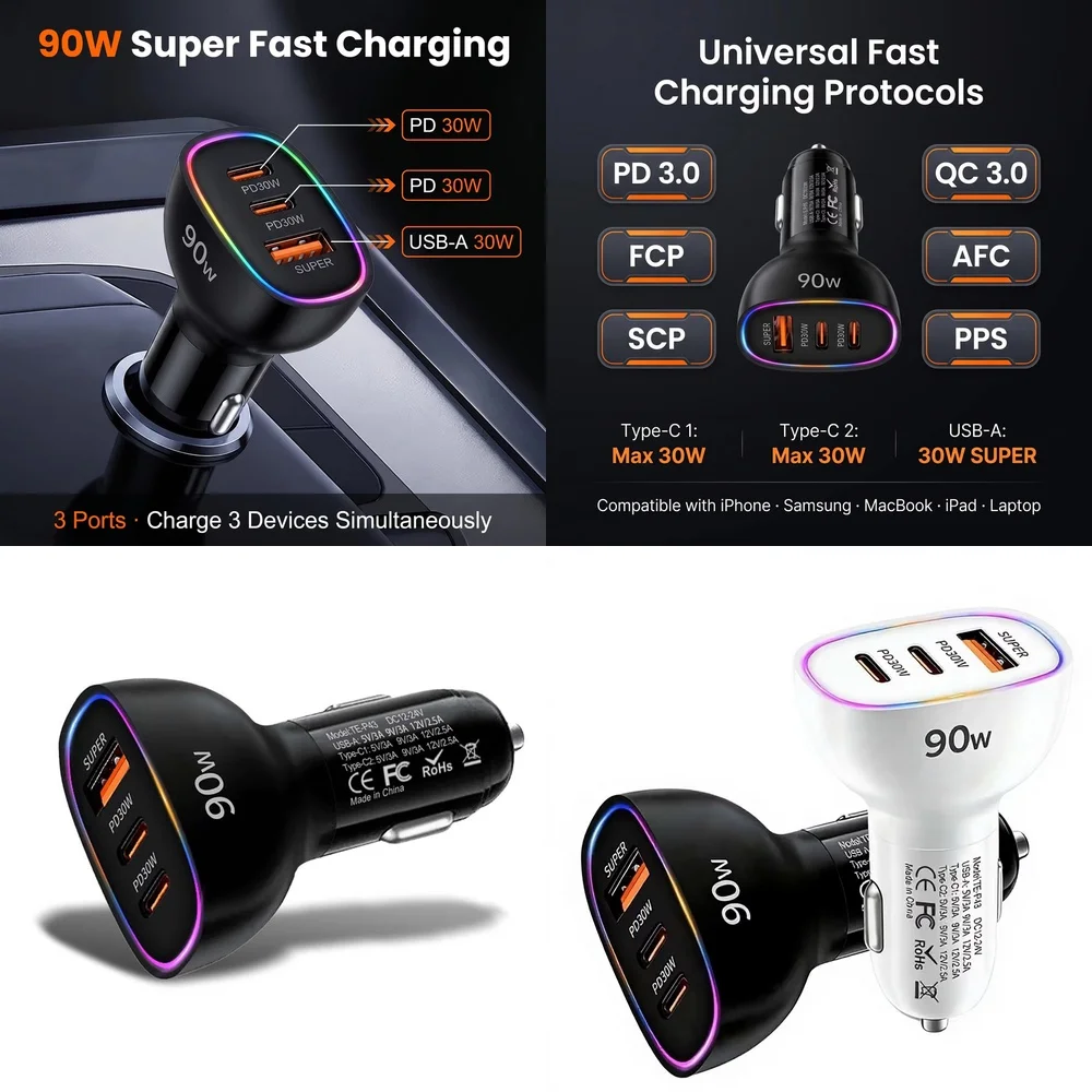 90W Car Charger 3 Port Dual PD 30W Type C USB A 30W Super Fast Charging Adapter PPS QC3.0 SCP RGB LED Light for Laptop Phone