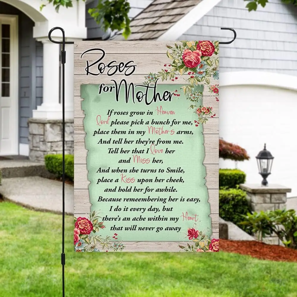 Roses For Mother Memorial Flag for Graves - In Loving Memory House Yard Lawn Decorative Banner for Outside 12x18 Double Side uui