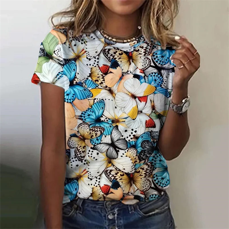 3D Printed Butterfly T-Shirt For Women Colorful Insects Pattern Tees Summer Casual Short Sleeve Round Neck Tops Loose T Shirts