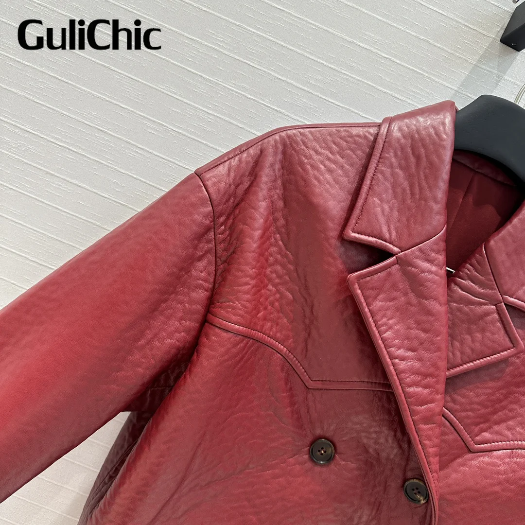 7.23 GuliChic High Quality 100% Sheepskin Double Breasted Blazer Coats for Women 2024 New Vintage Jacket Outwear