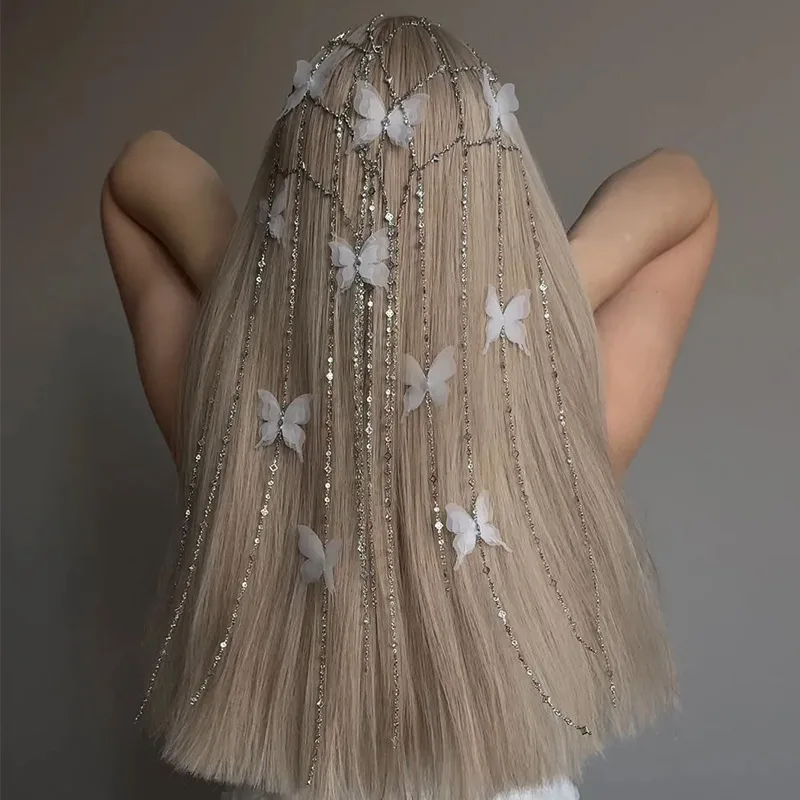 

Блестящая полая цепочка для волос в форме бабочки Mori, элегантная повязка на голову с кисточками и стразами, аксессуары для волос для свадебного ужина, головные уборы