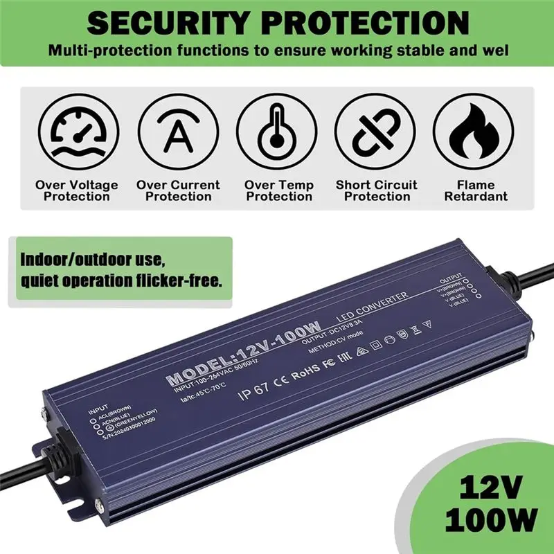 AA08-12V LED Driver IP67 Waterproof 12V 100W Power Supply Transformer 100-264V AC To 12Volt DC Low Voltage Output,For Light