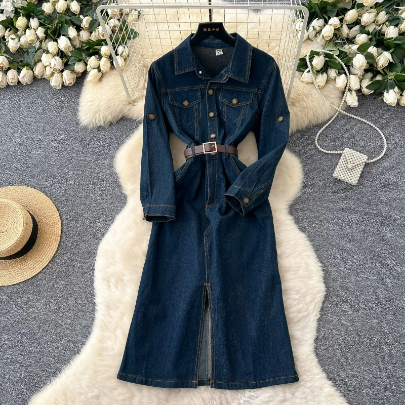 

Denim Dresses Women Vintage Long Sleeve Turn Down Collar Dress Solid Pockets Button Casual Spliced Vestidos Autumn Office Lady