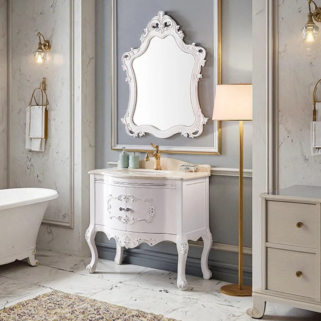 European Style Solid Wood Vanity Floor Standing Smooth Lacquered Ceramic Basin Waterproof Carcase For Bathroom Use