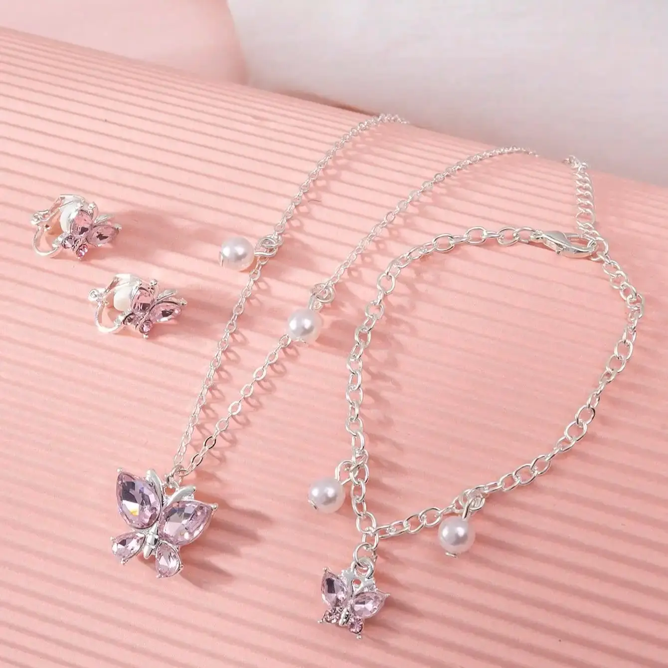 European and American pink purple simple generous butterfly necklace ear clip bracelet 3 pieces girl children\'s jewelry