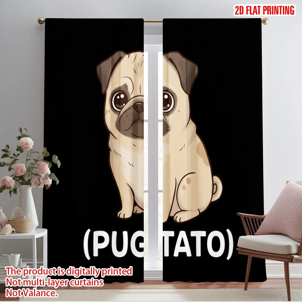 

2pcs 2D flat printing Scene Curtains Cute Pug Potato Polyester Without Electricity 0 Use for Classroom Office