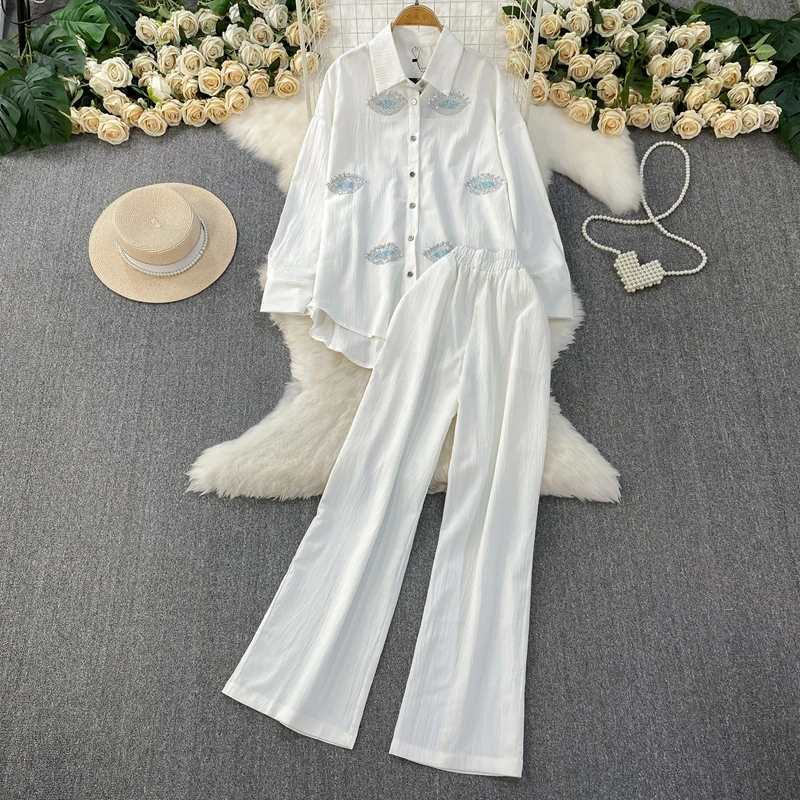 

Fashion Rhinestone Lapel Long Sleeved Sunscreen Shirt and Casual High Waist Slim Wide Leg Pants Two-Piece Set