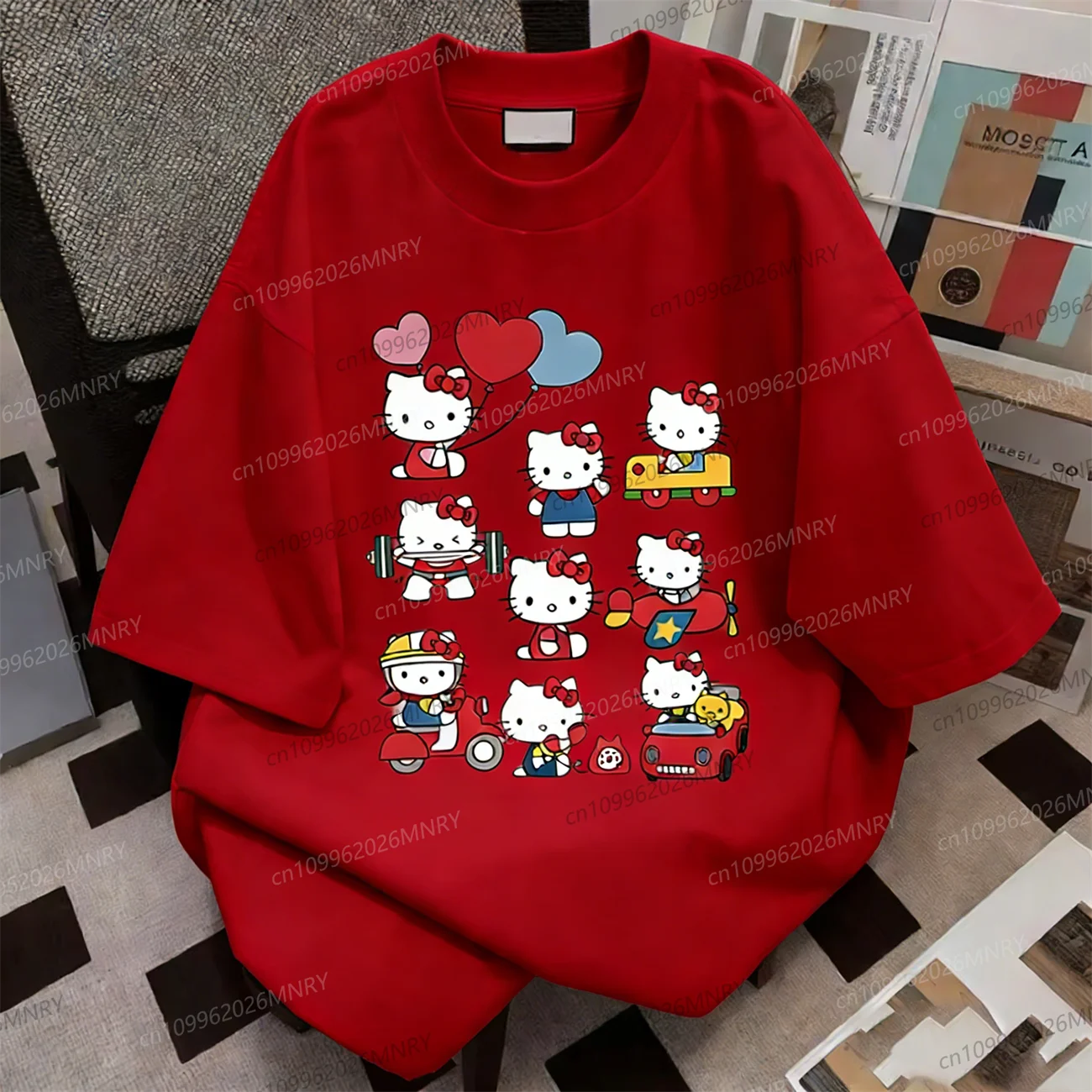 

New Hello Kitty Tshirt Pattern Kid Oversized Tshirt Unisex Couple Trend Plus Size Loose Casual Kid Short-sleeved Women's T-shirt
