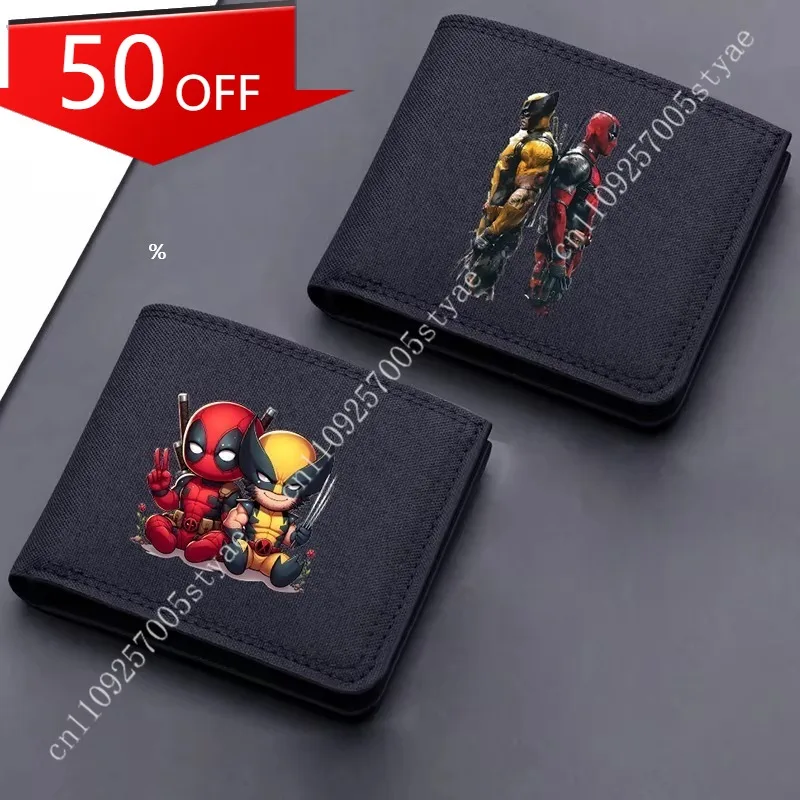 

Marvel Deadpool & Wolverine Cartoon-Print Short Canvas Wallet — Zippered Coin Purse (Denim Style)