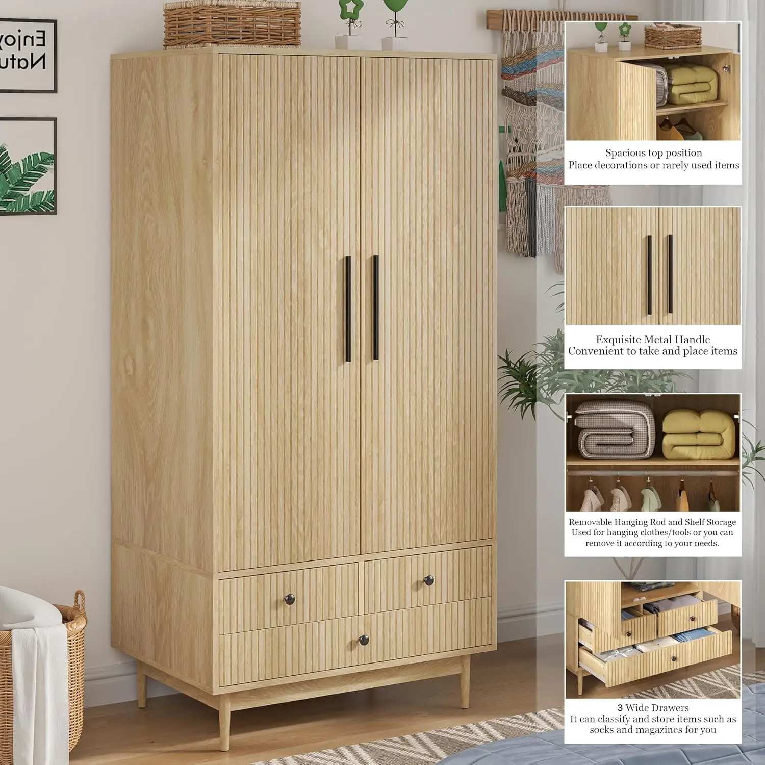 Fluted Doors,64.96" Wooden Clothes Storage Cabinet with Hanging Rod and Shelf Storage,Wardrobe Cabinet with 3 Drawers,Freestandi