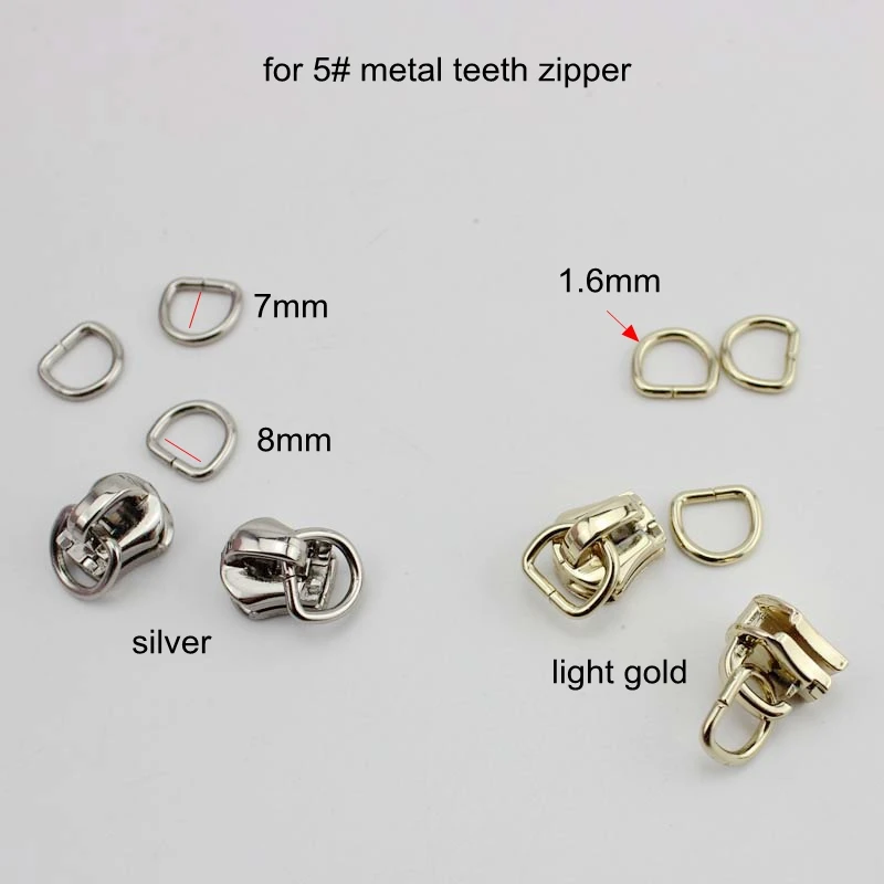 100sets #5 metal teeth zipper head plus 8X7mm D ring clothing bag purse DIY accessory zipper sliders zips ends