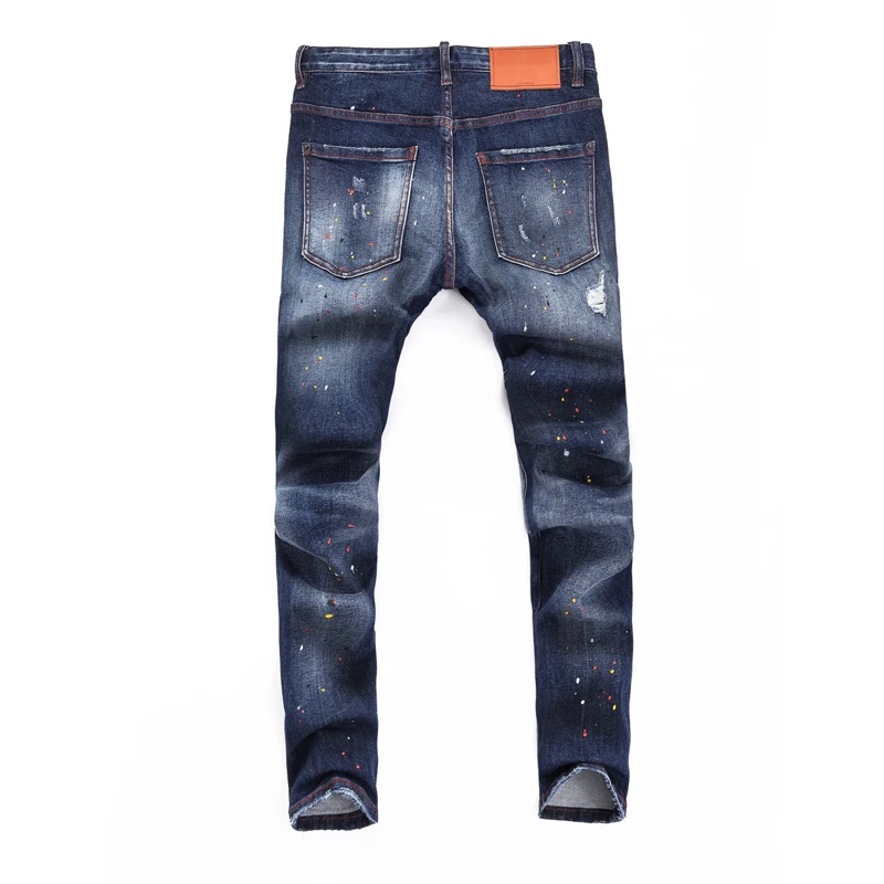 Fashionable new men's jeans, painted elastic slim fit, perforated patch, washed blue retro jeans, high street hip-hop brand pant