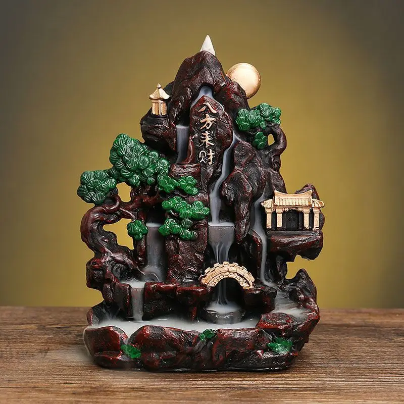 Large Backflow Incense Burner Resin Ornament Chinese Landscape Sandalwood Incense Holder Home Aroma Tea Room Deodorant Decor