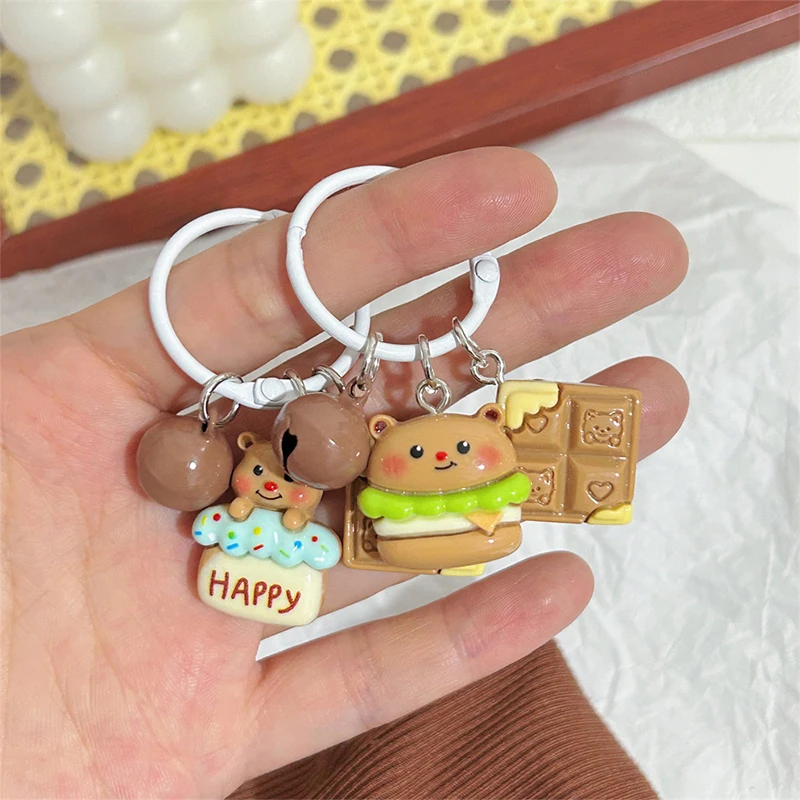 Cute Bear Coffee Color Keychain Bell Cookie Butter Bear Pendant Student Schoolbag Charms Cartoon Hanging Decor Gift