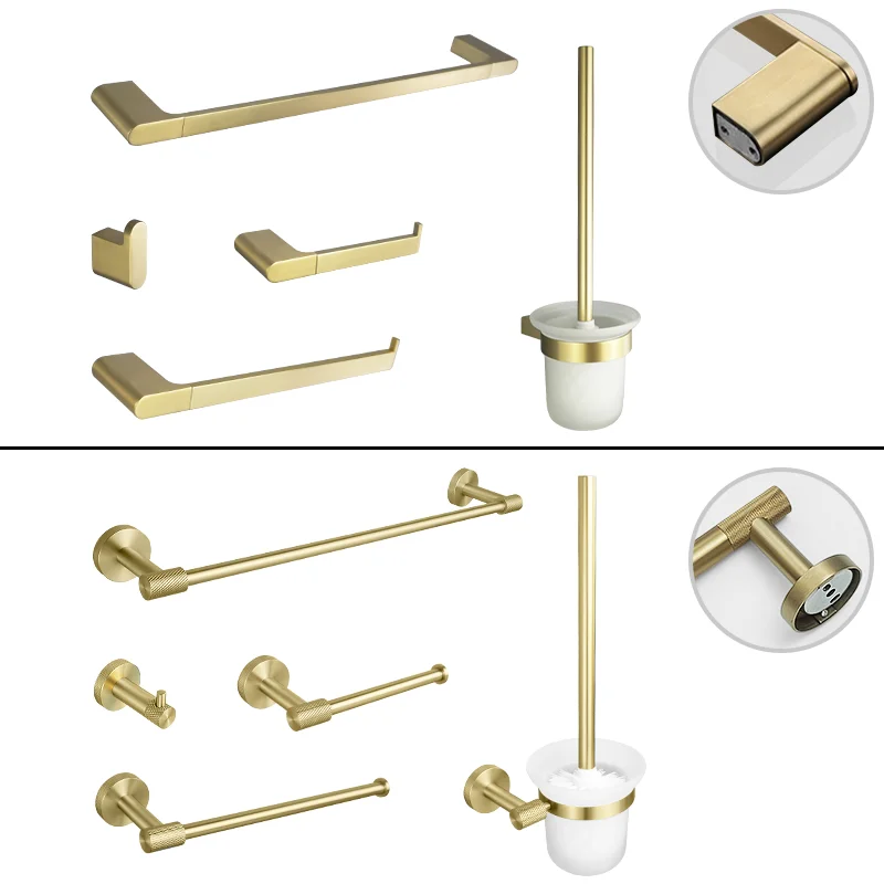 Bathroom Hardware Accessories Set Brushed Gold SS Knurled Kit Towel Bar Ring Robe Hook Paper Holder Towel Ring Toilet Brush