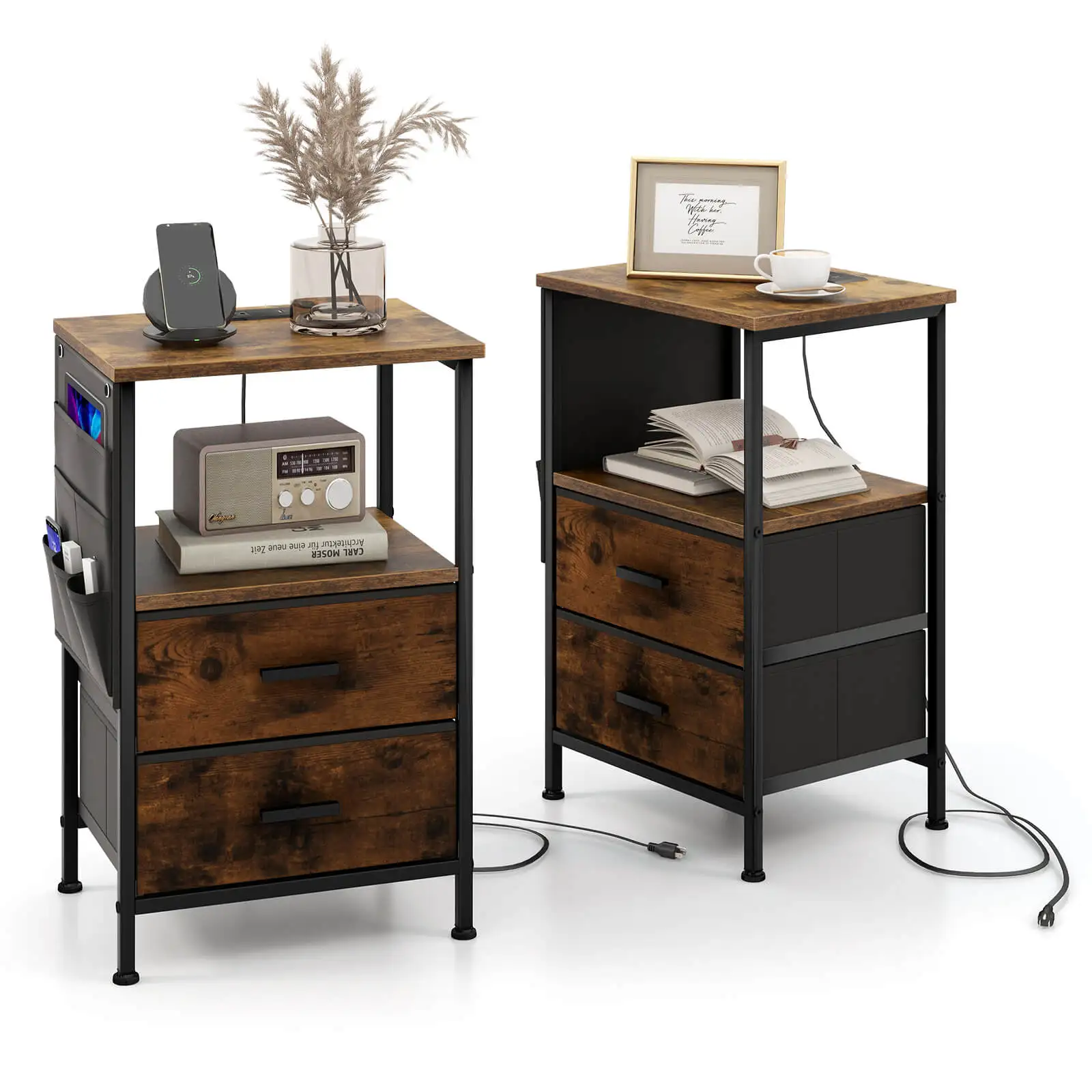 2PCS Nightstand with Charging Station Industrial Bedside Table with 2 Drawers