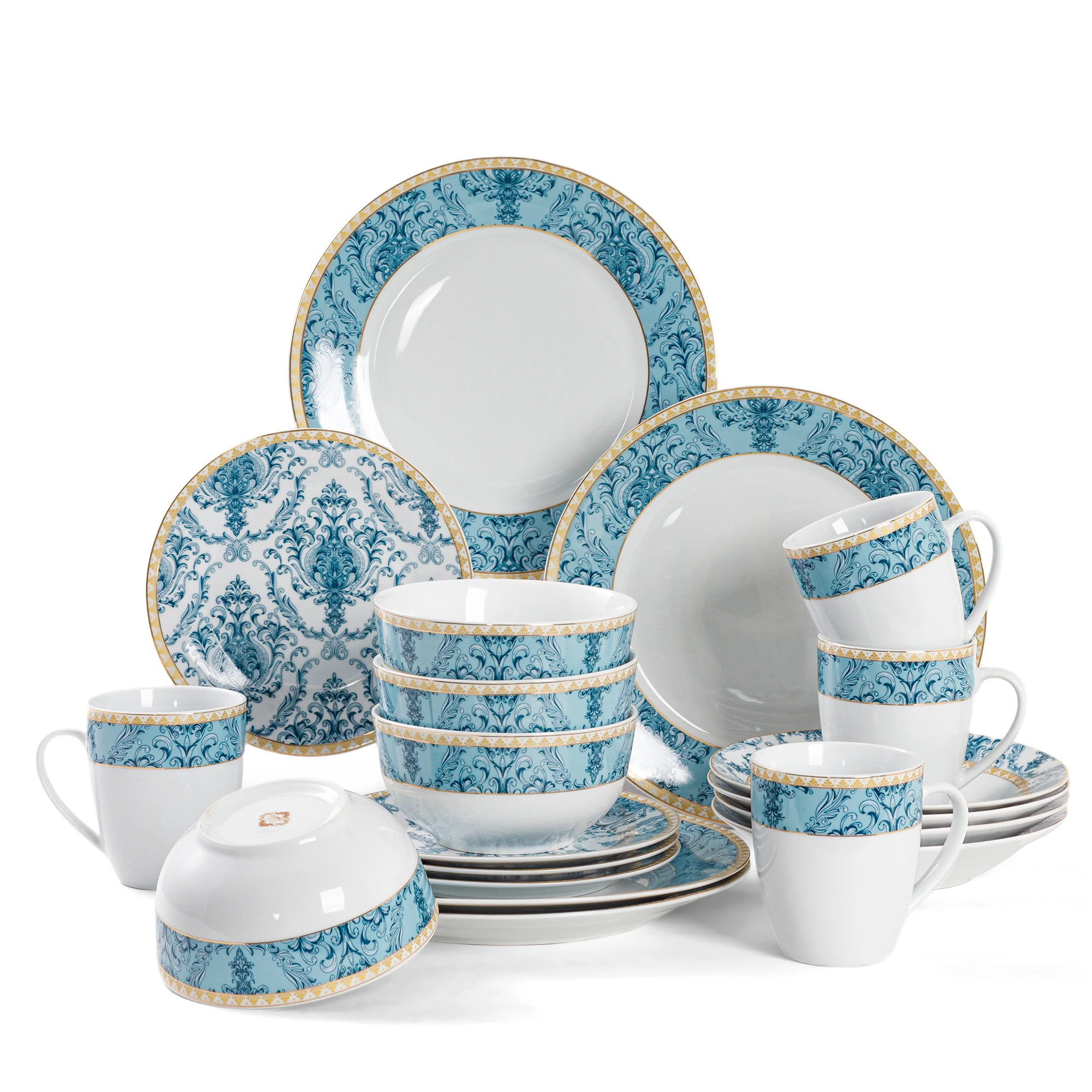 20 Pieces Classic Blue Porcelain Tableware Set Luxury Traditional Ceramic Dinner Dishes for 4 People Premium Ceramic Dinnerware