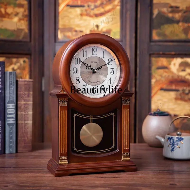 Solid wood clock, Chinese retro in the living room, hour clock, silent European quartz clock in the bedroom
