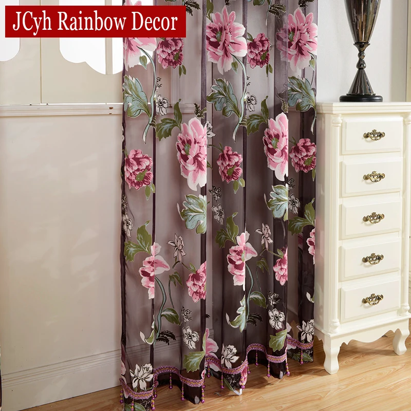 Floral Home Fabric Sheer Tulle Curtains For Living Room Luxury Bedroom Kitchen Door Curtains For Window Black Cortinas Drapes