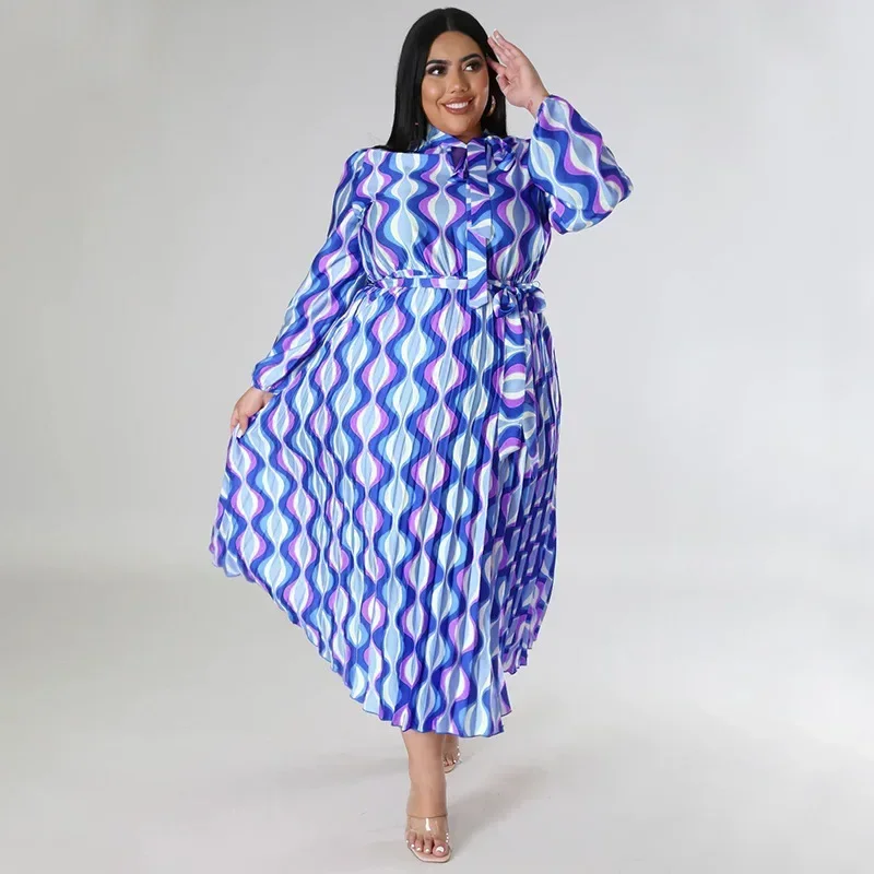 GUWU, vestidos largos de talla grande con estampado de manga larga y vuelo grande para mujer, ropa de calle curva de otoño e invierno, vestido plisado informal