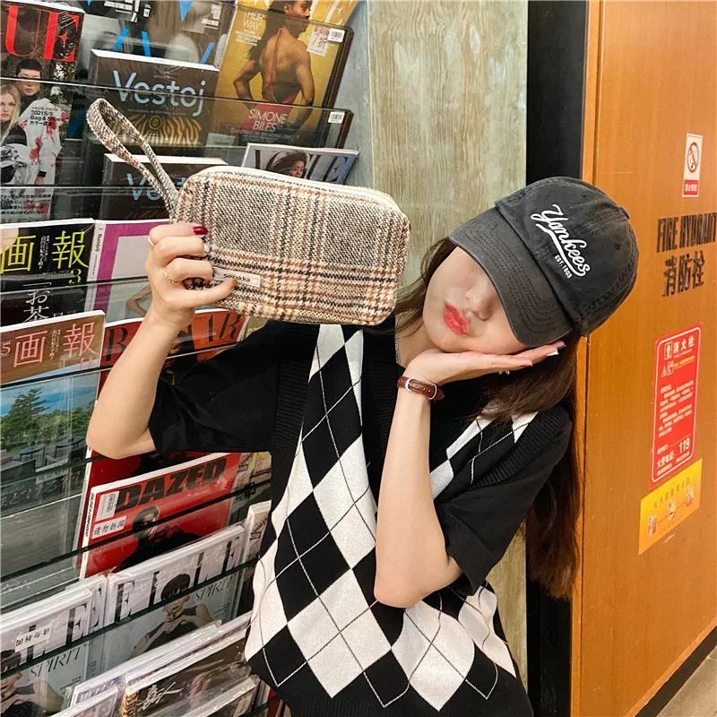 Plaid Contrast Color Large-capacity Cosmetic Bag Female Leopard Print Fashion Clutch Canvas Organizer Storage Bag Document Bag