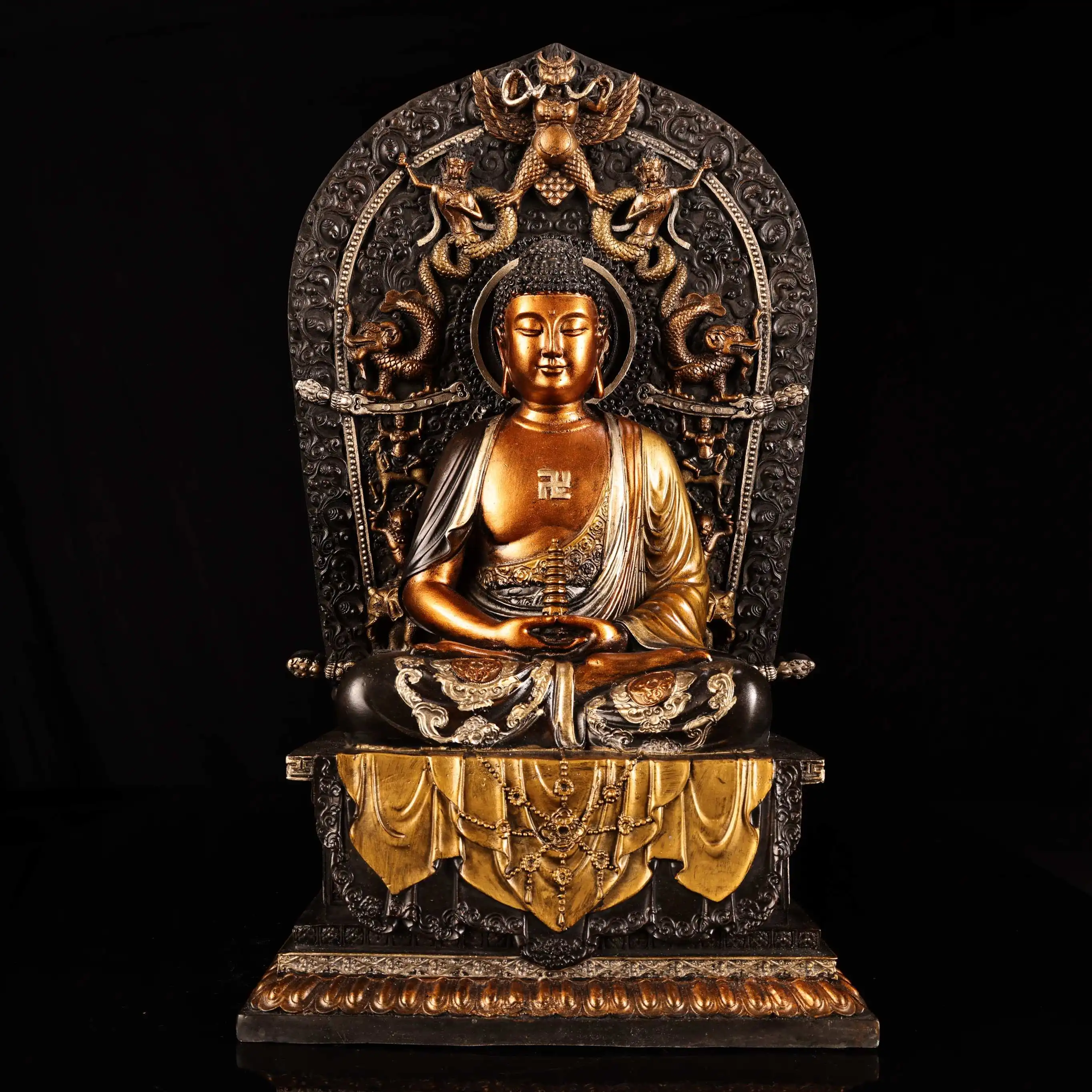 Old Bronze Gilded Silver Painted Beast Backlight Lotus Buddha Terrace stupa  Shakyamuni Amitabha Sitting Buddha Worship Hall