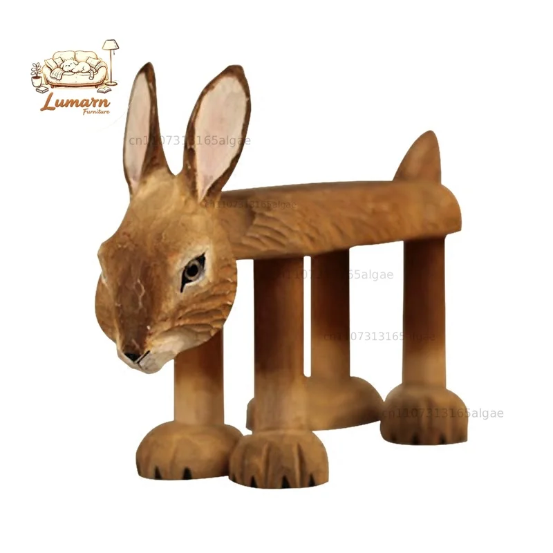 Solid wood hand-carved cute bunny children's stool