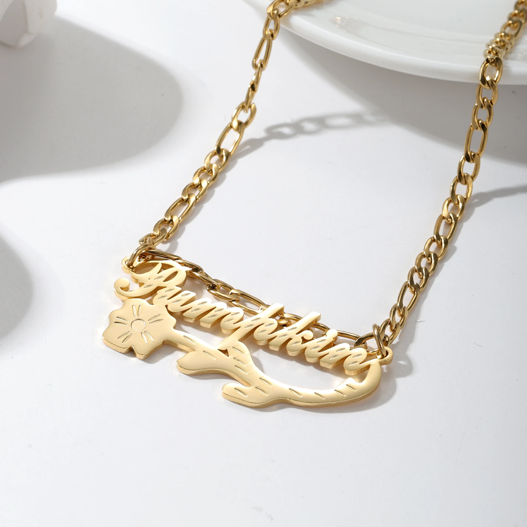 Custom Name With Rose Flower Gold Pendant Stainless Steel Jewelry Necklaces For Women Fashion Gift Valentine's Day Gift