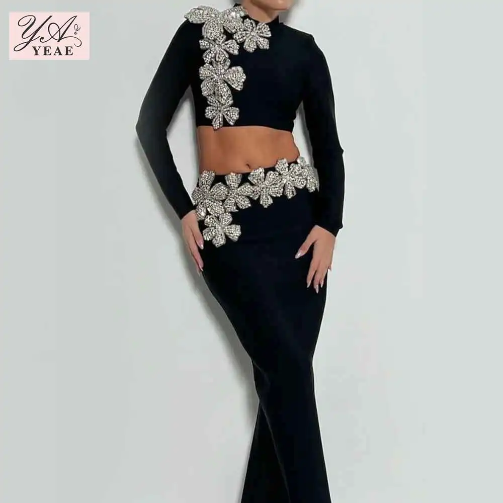 Sexy Long Sleeves Bandage 2-Piece Sets Women Turtleneck Shiny Diamonds Flower Top + Long Skirts Suits Evening Party Set