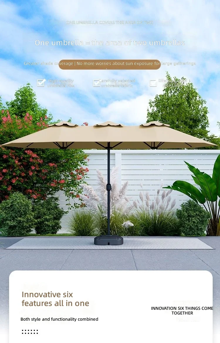 Outdoor Patio Umbrella, 3-Head Commercial Large Sunshade, Rectangular Center Pole, UV Protection, Garden Market Use