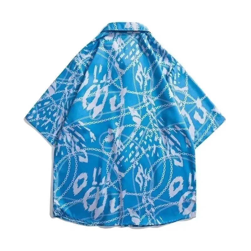 Men's Oversized Blue Chain Leopard Print Short Sleeve Hawaiian Shirt Casual Streetwear Button Down Top For Men Summer Loose Fit