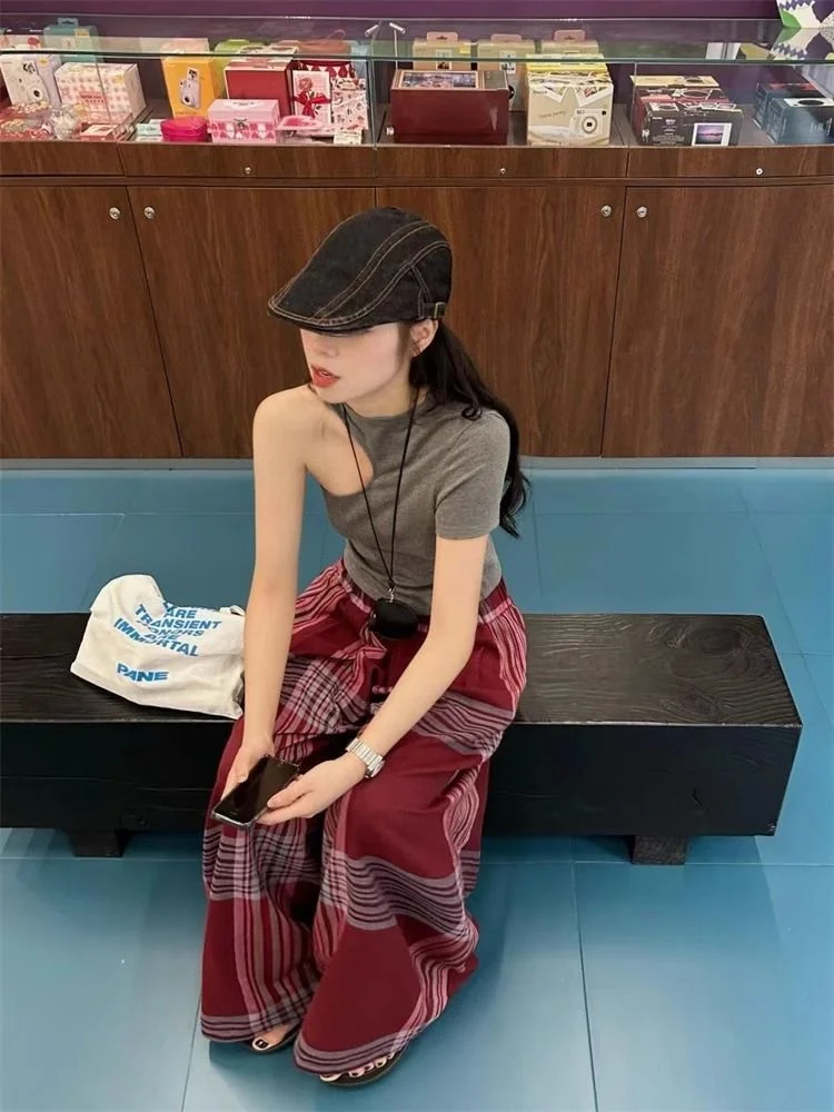 Pantaloni larghi larghi casual da donna sottili scozzesi retrò americani estivi Y2K Pantaloni da donna alla moda stile Harajuku stile millenario