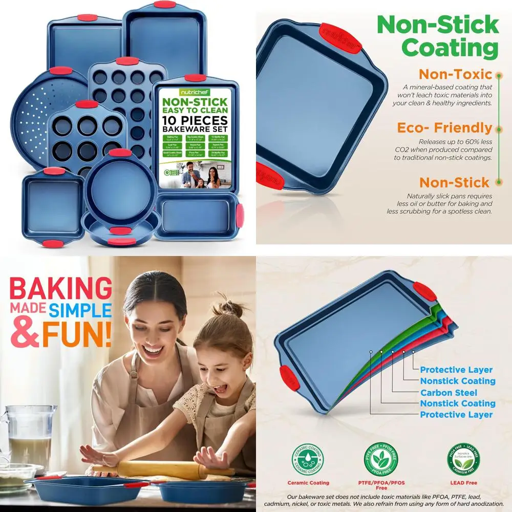 

Deluxe Carbon Steel 10-Piece Bakeware Set with Blue Silicone Coating and Red Handles - Professional Kitchen Essentials