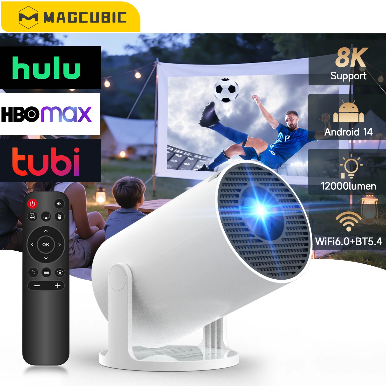 Proyector Magcubic 8K Wifi6 Android Mini Beamer, Doble WIFI, BT5.4, Cine en Casa, Portátil HD para Exteriores