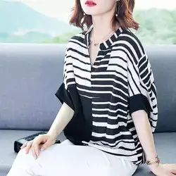 Casual Fashion Female Irregular Striped Print Tops Summer Women's Clothing Commute Loose Batwing Sleeve Cotton Linen T-shirt