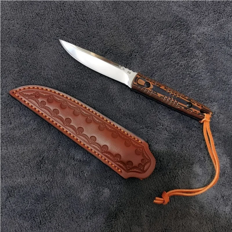 New Mirror Outdoor Straight Knife D2 Steel Integrated Keel Style Fixed Blade Knife Camping Kinfe with Top Layer Leather Sheath