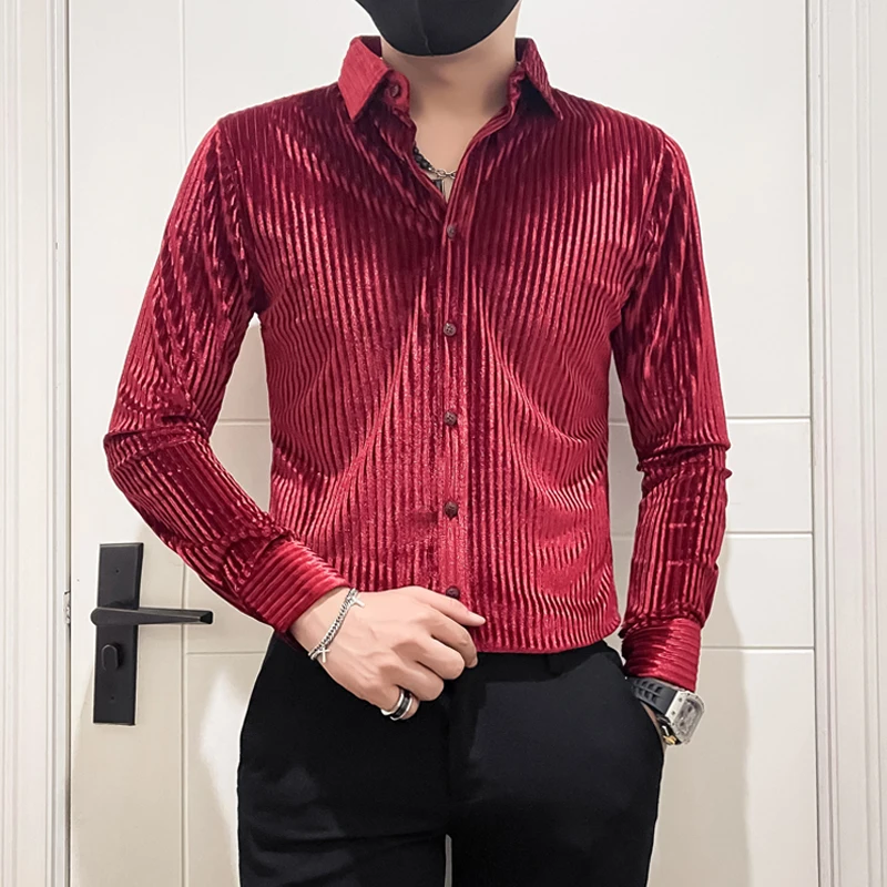 Men Gold Velvet Shiny Long-Sleeved Shirts Autumn Fashion Youth Slim Striped Mens Shirt Nightclub Performance Genderless Tops