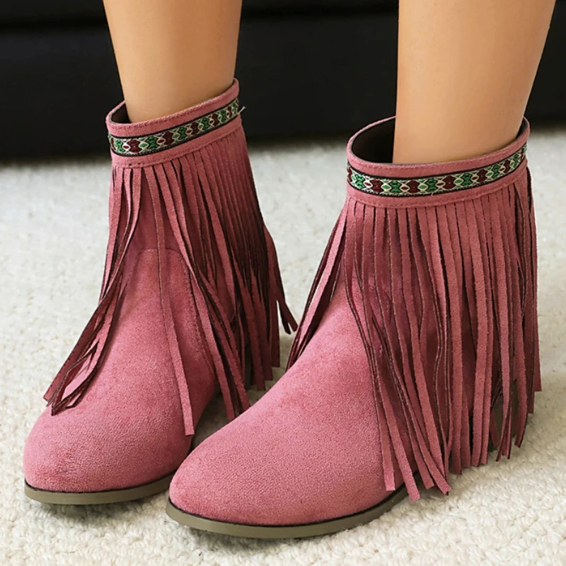 

Большой размер 48, женские розовые ботильоны, зима-осень 2025, туфли с кисточками, синие, черные, серые ботинки на низком каблуке, обувь для вечеринок, женская обувь