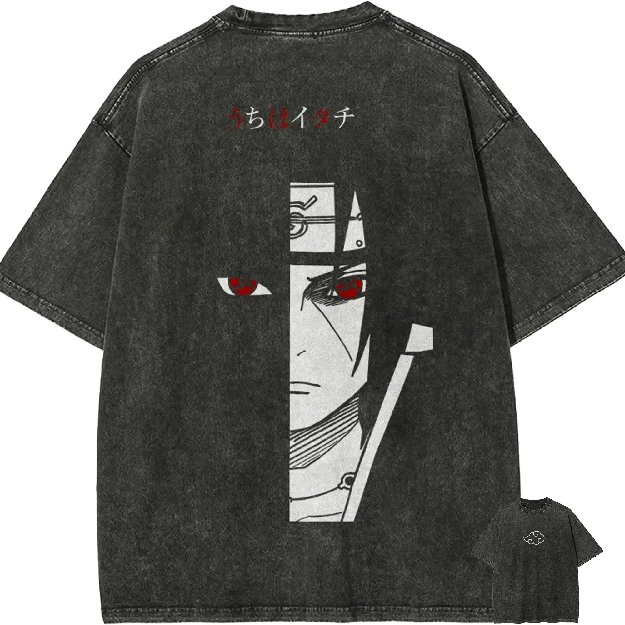 Naruto Itachi Uchiha T-Shirt Sharingan Auge Vintage Acid Wash Streetwear Übergroßes Retro Anime Grafik Baumwoll-Herren-T-Shirt Top