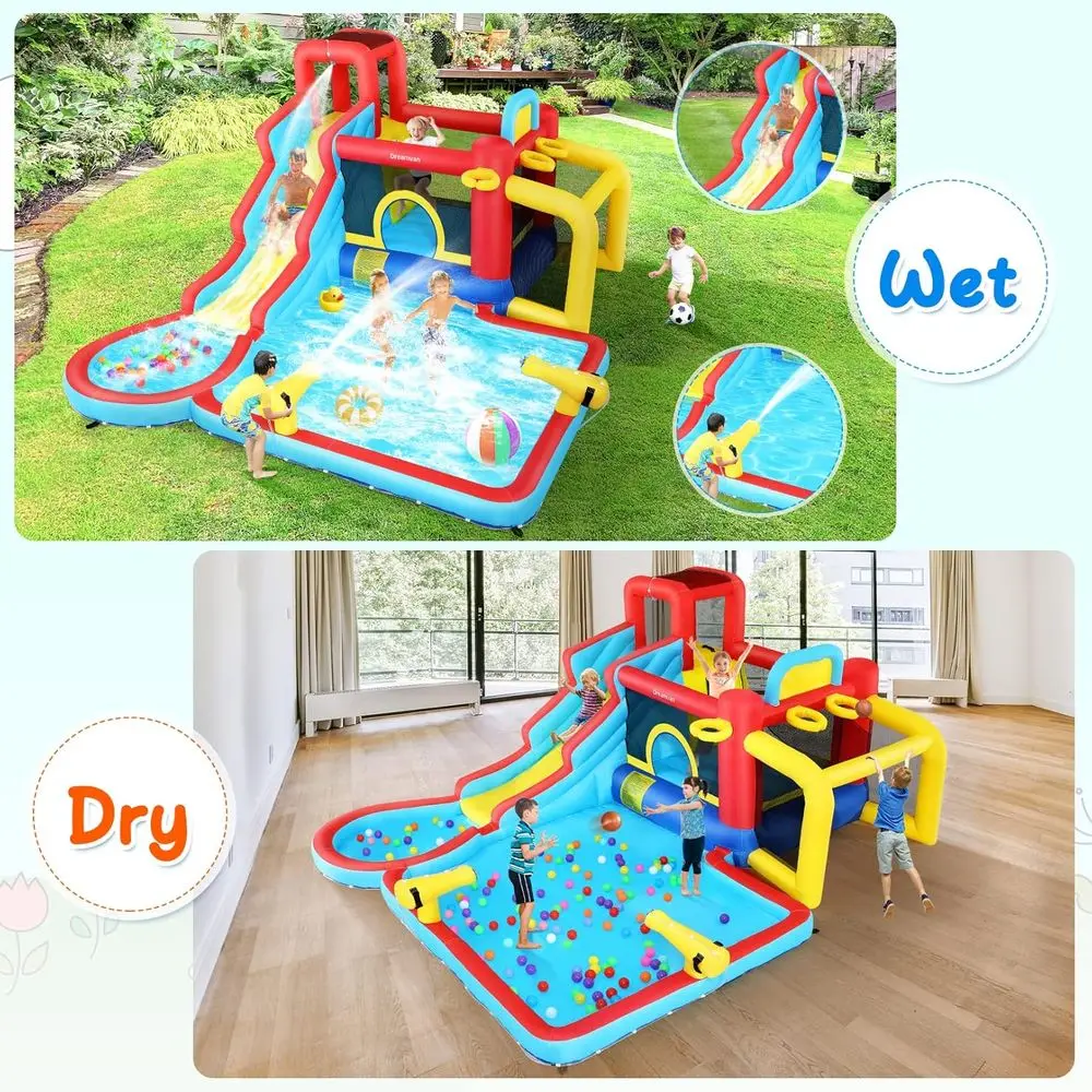 Water Slide Bounce House with Blower, Kids Iatable Water Slide Park Indoor Outdoor Fun Wet Dry Combo Bouncy House Castle w/Splas