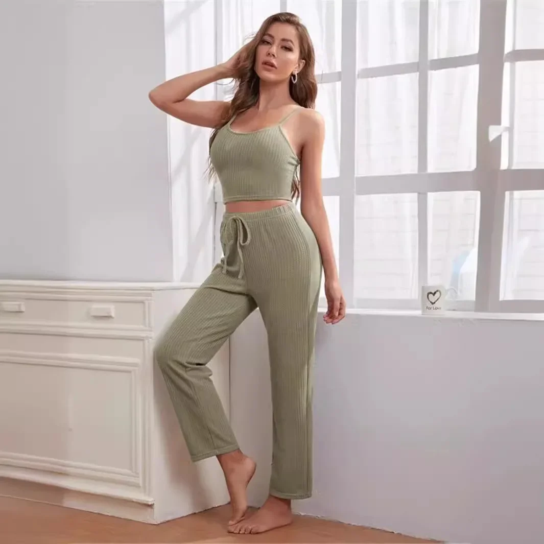 2024 Autumn Home Wear Women\'s Waffle Knit Suspender Top Trousers Robe Pajamas Three-piece Suit  Pajamas for Women