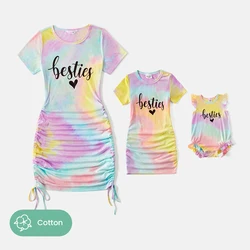 PatPat Mommy and Me 95% Cotton Short-sleeve Letter Print Tie Dye Drawstring Ruched Bodycon T-shirt Dresses