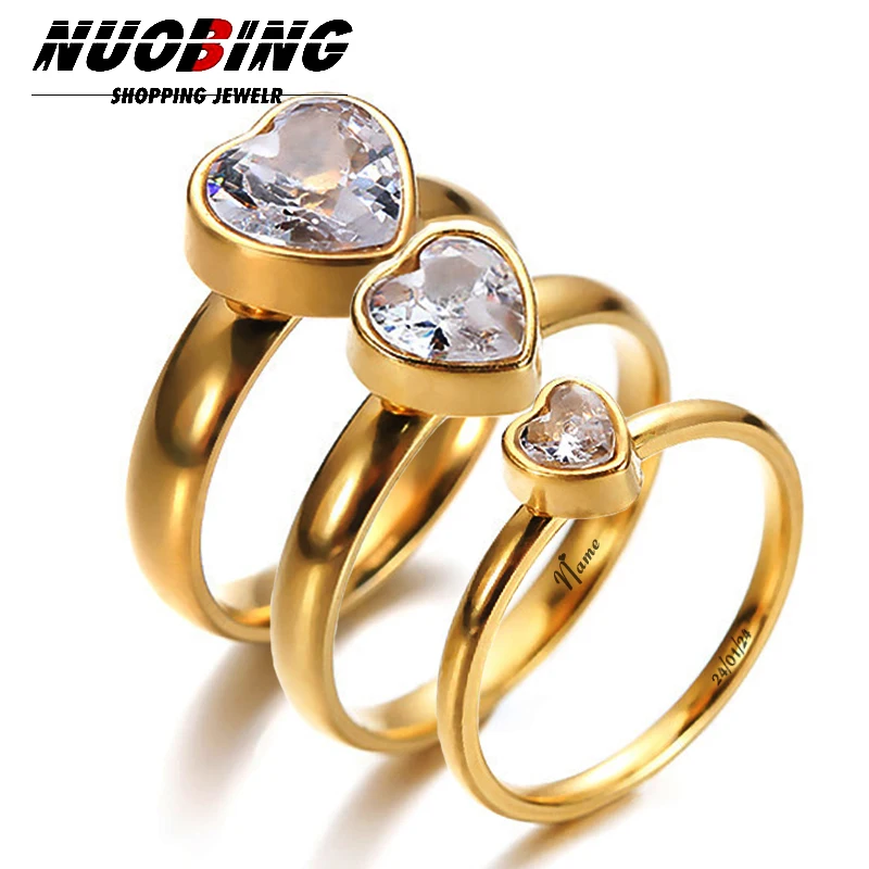 

Women's Heart Shaped Crystal Zircon Stainless Steel Ring Fashion Customization Name Date Gold Wedding Jewelry Couple Gift