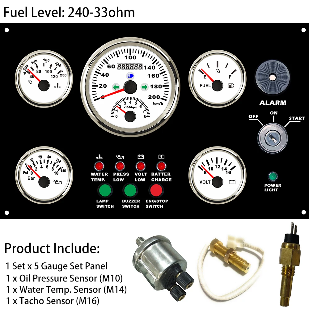 Marine 5 Gauge Panel with 0-200km/h GPS Speedometer + Tachometer Water Temp.Fuel Level Oil Pressure Voltmeter 300*190 mm 12VDC