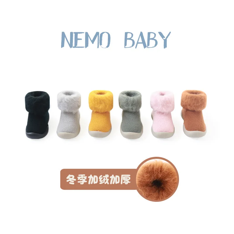 Yellow Black Baby Girls Booties Soft Soles Toddler Shoes Winter Kids Warm Snow Shoes Socks Infant Boys Brushed Thick Sock Shoes