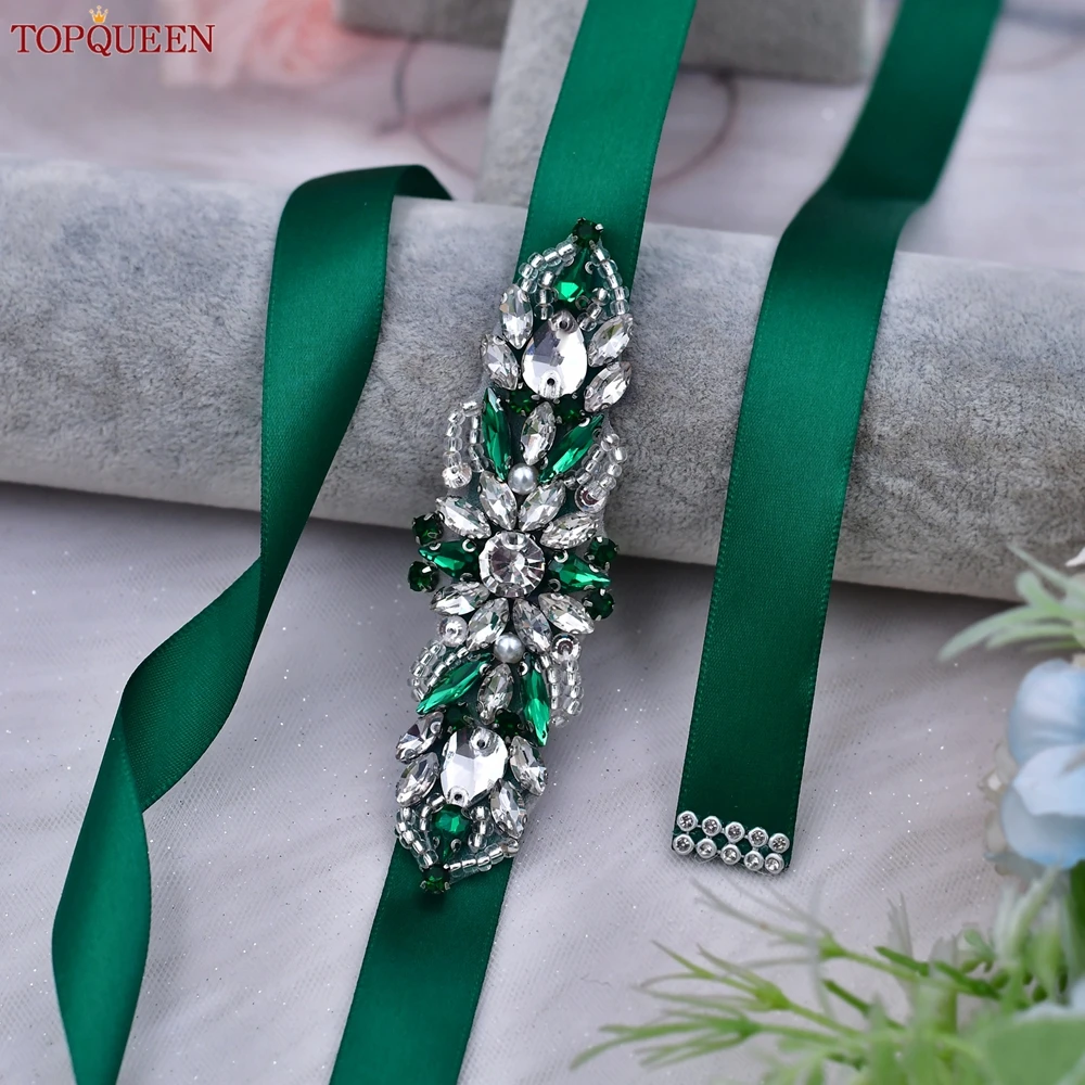 TOPQUEEN Green Dress Fashion Belt Bridal Accessories Wedding Banquet Belt Handmade Applique Woman Waist Decoration S337-KL