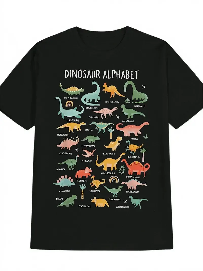 

Men'S Casual Crew Neck T-Shirt, Dinosaur Alphabet Print, Summer Knit Polyester T