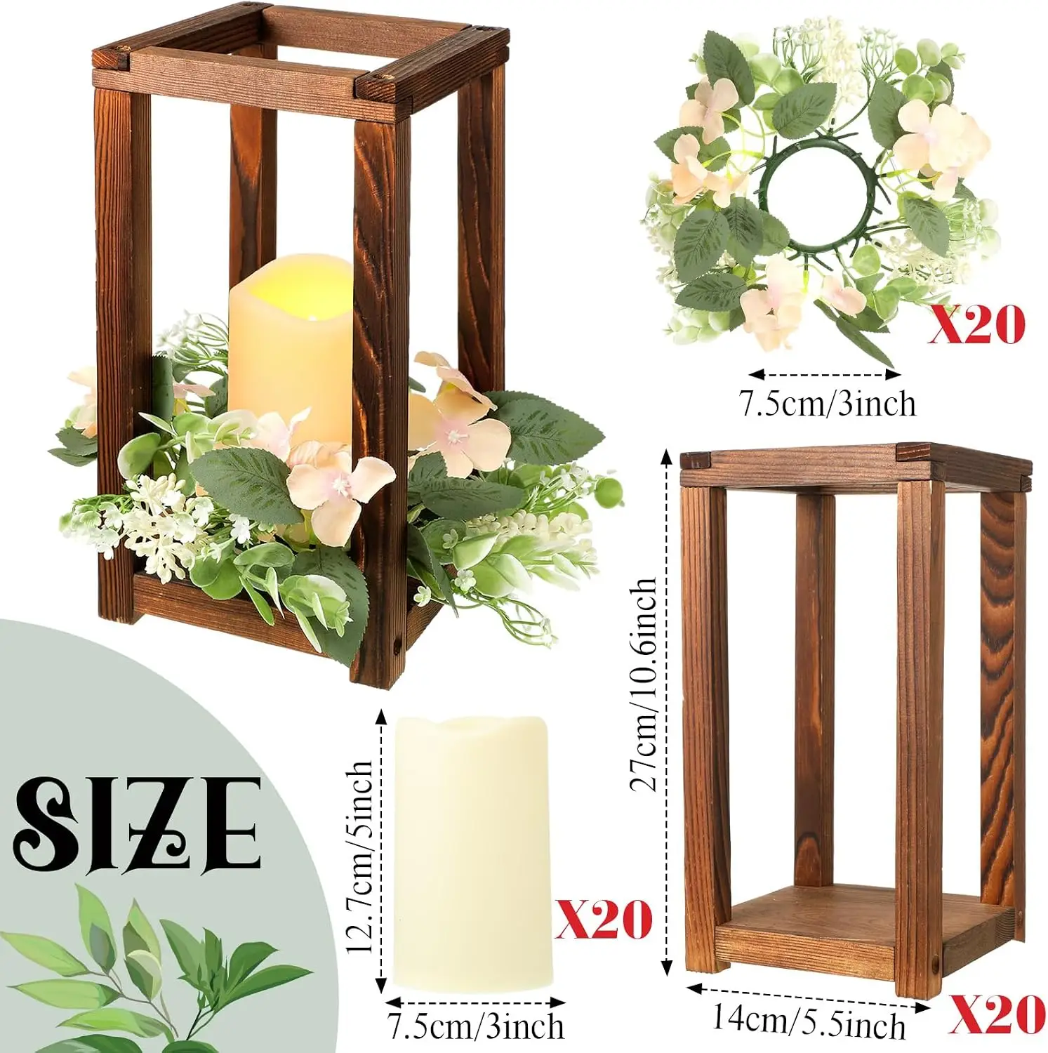 60 Pcs Wooden Wedding Lantern Centerpiece Candles Wreaths Set,Brown | Rustic Holders for Table Christmas, LED Candles Battery Op