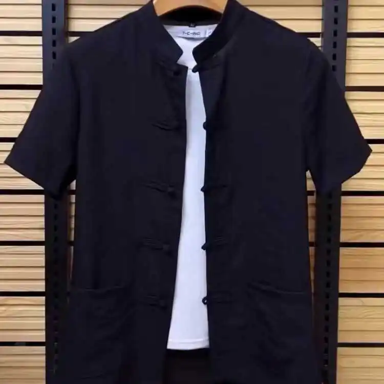 

Casual Chinese Sle Men's ort Sve irt Stand Collar Button up Youth Tang Suit with ket Faionable Summer Top